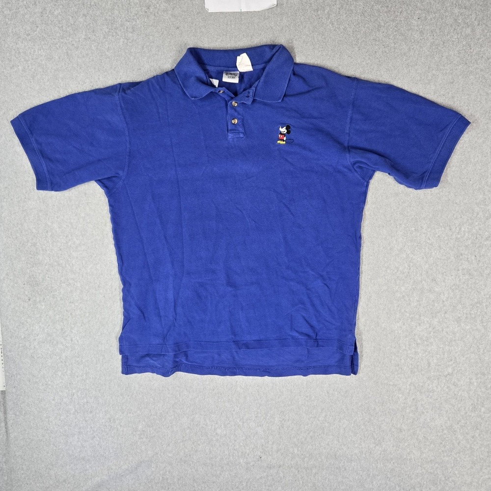VINTAGE The Disney Store Men Polo XL Blue Embroidered Mickey Mouse Short Sleeve‎